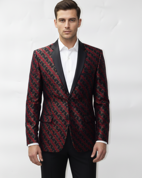 Men?s Luxury Jacquard Pattern Tuxedo Blazer ? Red & Black Statement Jacket