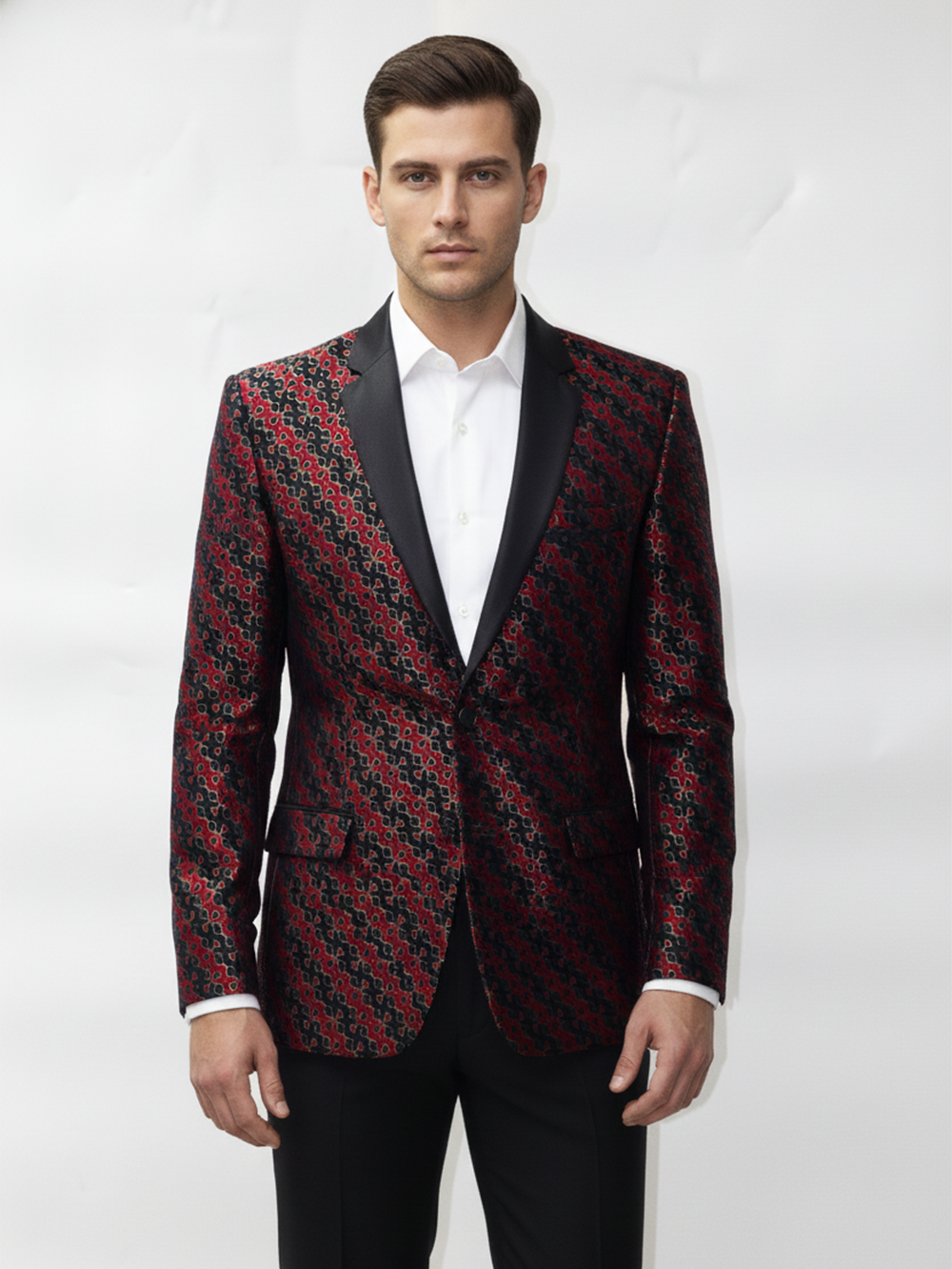 Men?s Luxury Jacquard Pattern Tuxedo Blazer ? Red & Black Statement Jacket