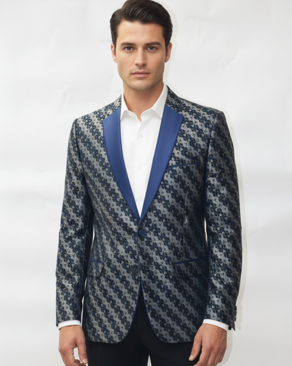 Men?s Premium Jacquard Tuxedo Blazer ? Navy Lapel Statement Jacket