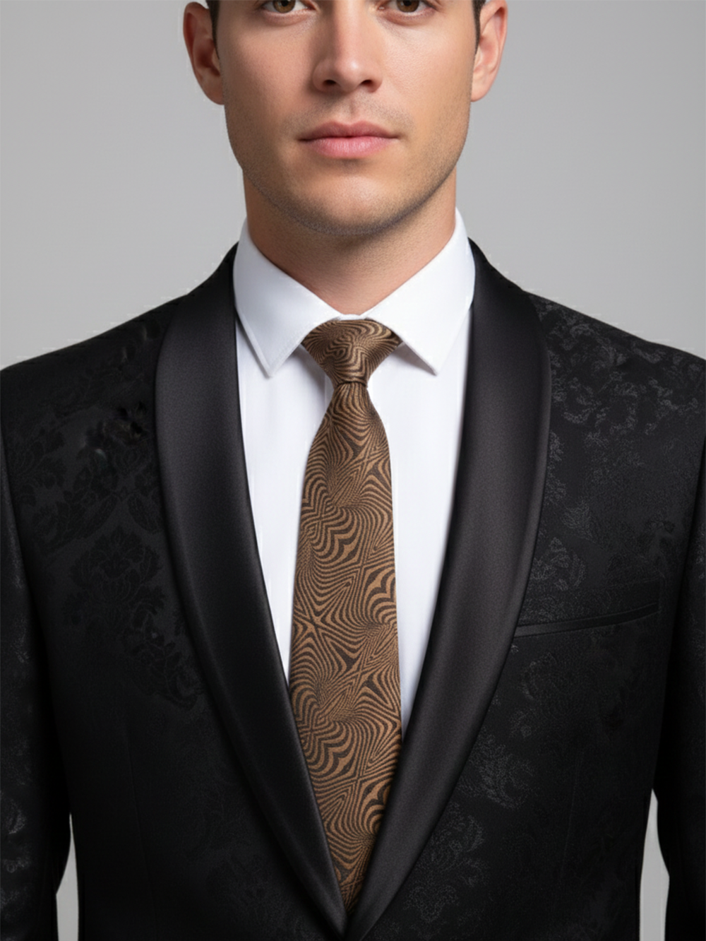 Luxury Golden Silk Necktie with Black Woven Detailing - Image 2