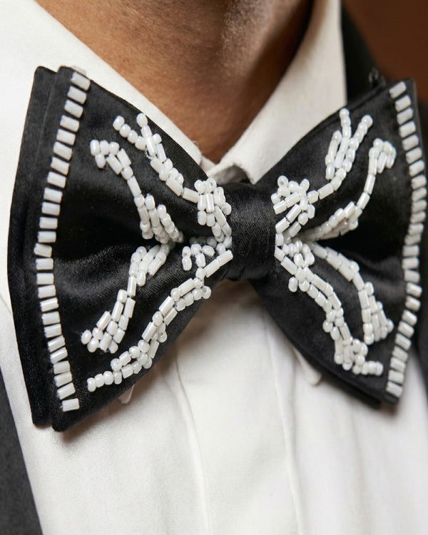 Black Satin Bow Tie with White Beaded Detailing ? Premium Formal Wear Accessory