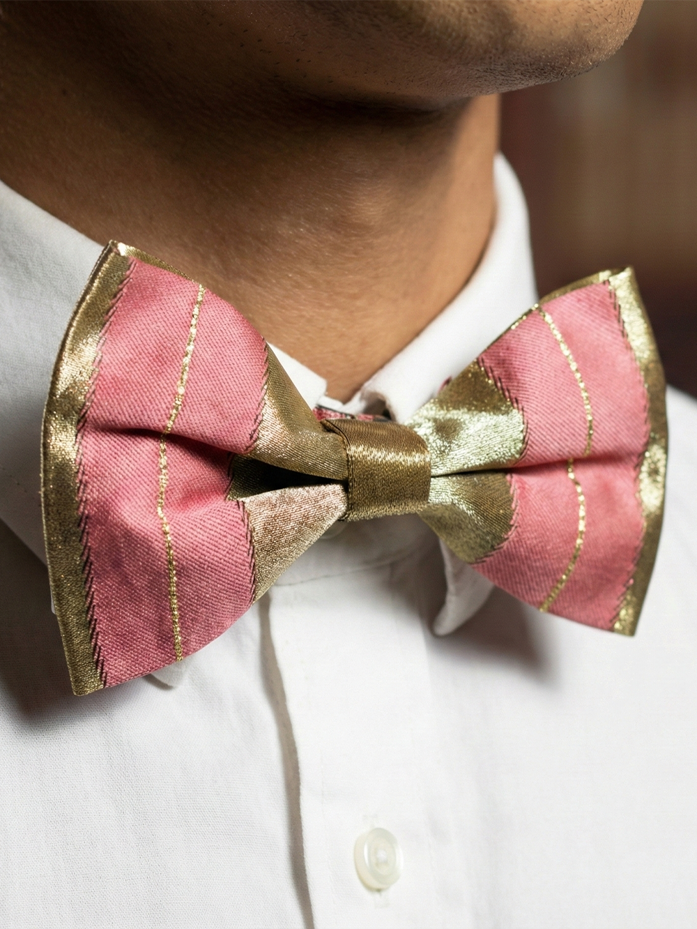 Pink & Gold Satin Striped Bow Tie ? Stylish Formal Accessory - Image 2