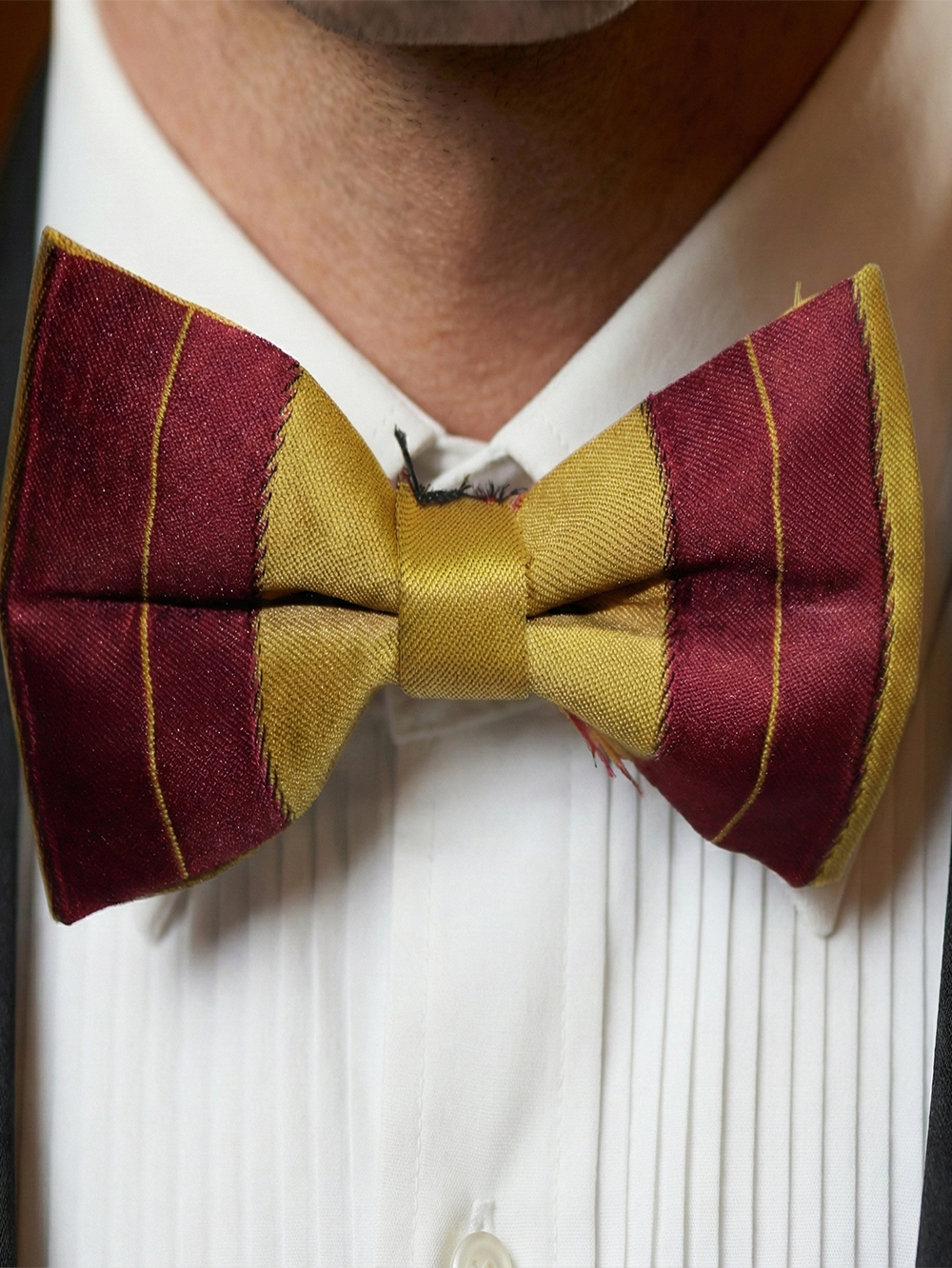Burgundy & Gold Striped Satin Bow Tie ? Classic Formal Accessory - Image 2