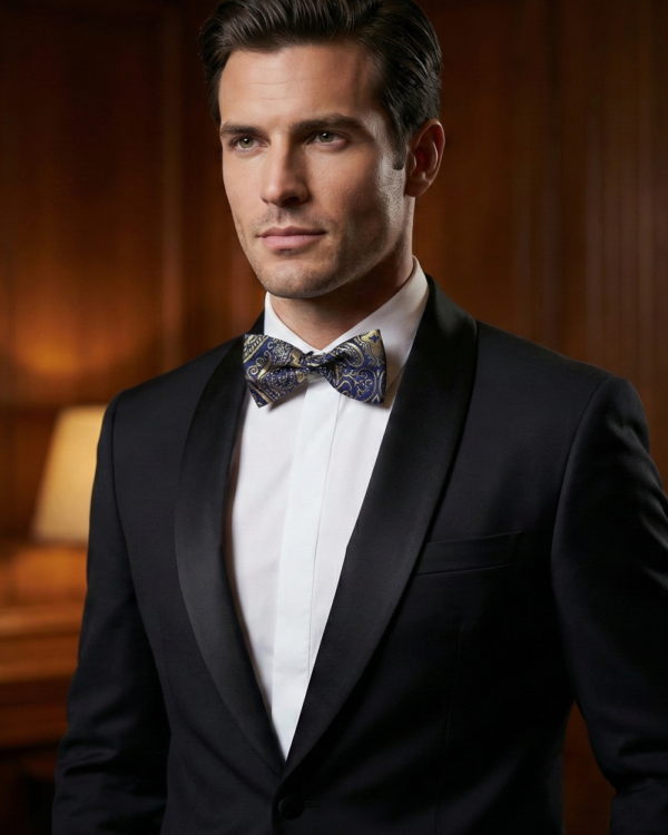 Elegant Navy & Gold Paisley Silk Bow Tie ? Classic Formal Accessory