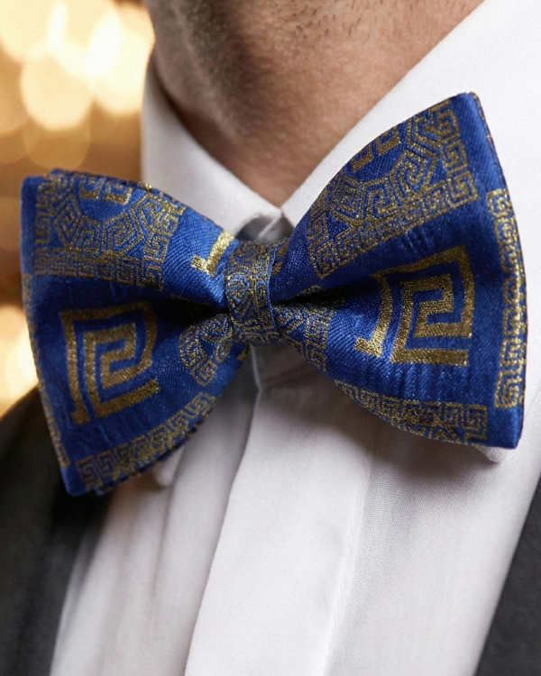 Royal Blue & Gold Patterned Bow Tie ? Elegant Formal Accessory