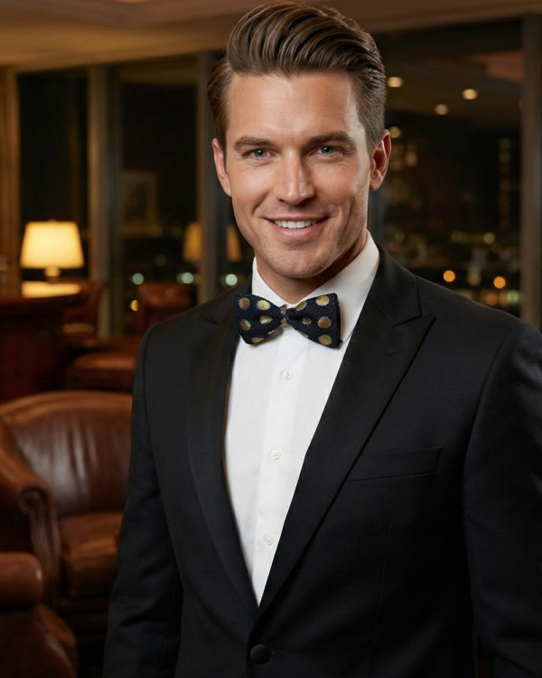 Black Bow Tie with Gold & Blue Polka Dot Design ? Stylish Formal Accessory