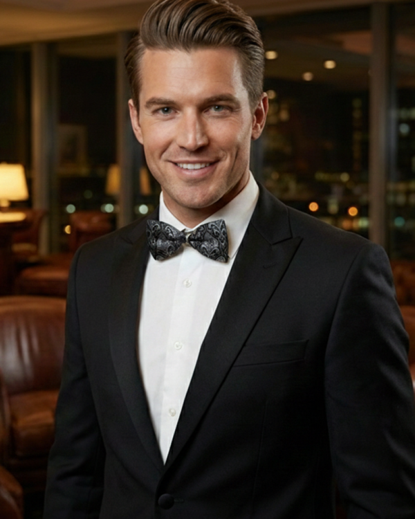 Black & Silver Patterned Bow Tie ? Elegant Formal Accessory