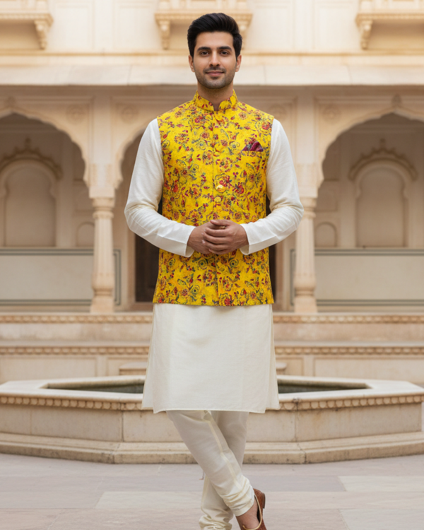 Men?s Yellow Floral Printed Nehru Jacket with Ivory Kurta Pajama ? Festive & Wedding Wear Set