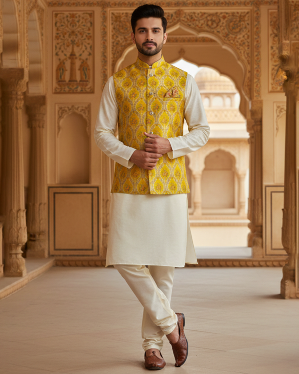 Men?s Yellow Jacquard Nehru Jacket with Ivory Kurta Pajama ? Festive & Wedding Wear