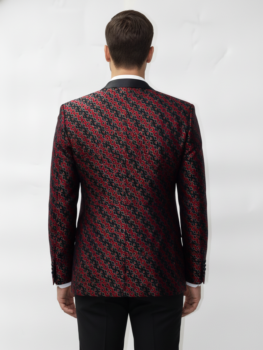 Men?s Luxury Jacquard Pattern Tuxedo Blazer ? Red & Black Statement Jacket - Image 2