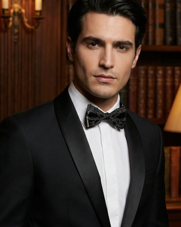 Elegant Black Beaded Satin Bow Tie ? Classic Formal Accessory