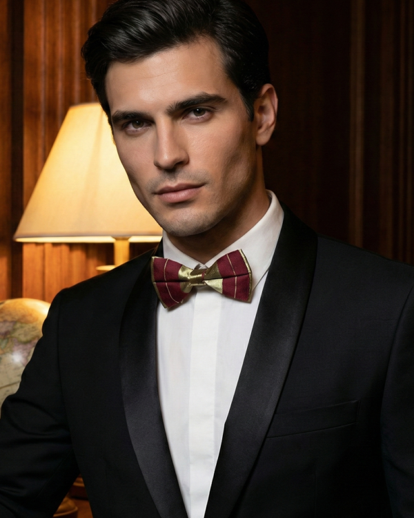 Classic Burgundy & Gold Striped Bow Tie ? Elegant Formal Accessory
