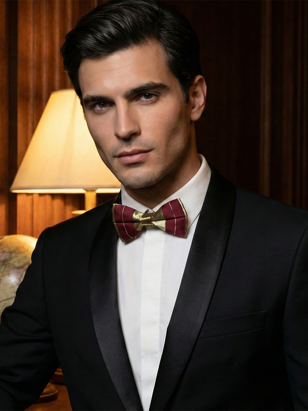 Classic Burgundy & Gold Striped Bow Tie ? Elegant Formal Accessory