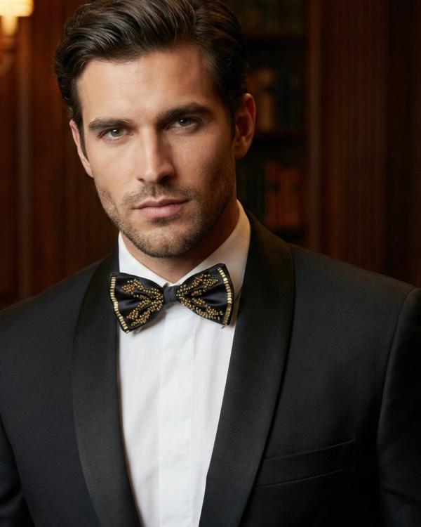 Black Satin Bow Tie with Gold Beaded Embellishments ? Luxe Formal Accessory