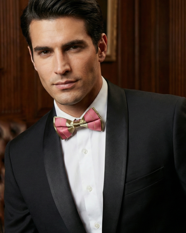 Pink & Gold Satin Striped Bow Tie ? Stylish Formal Accessory