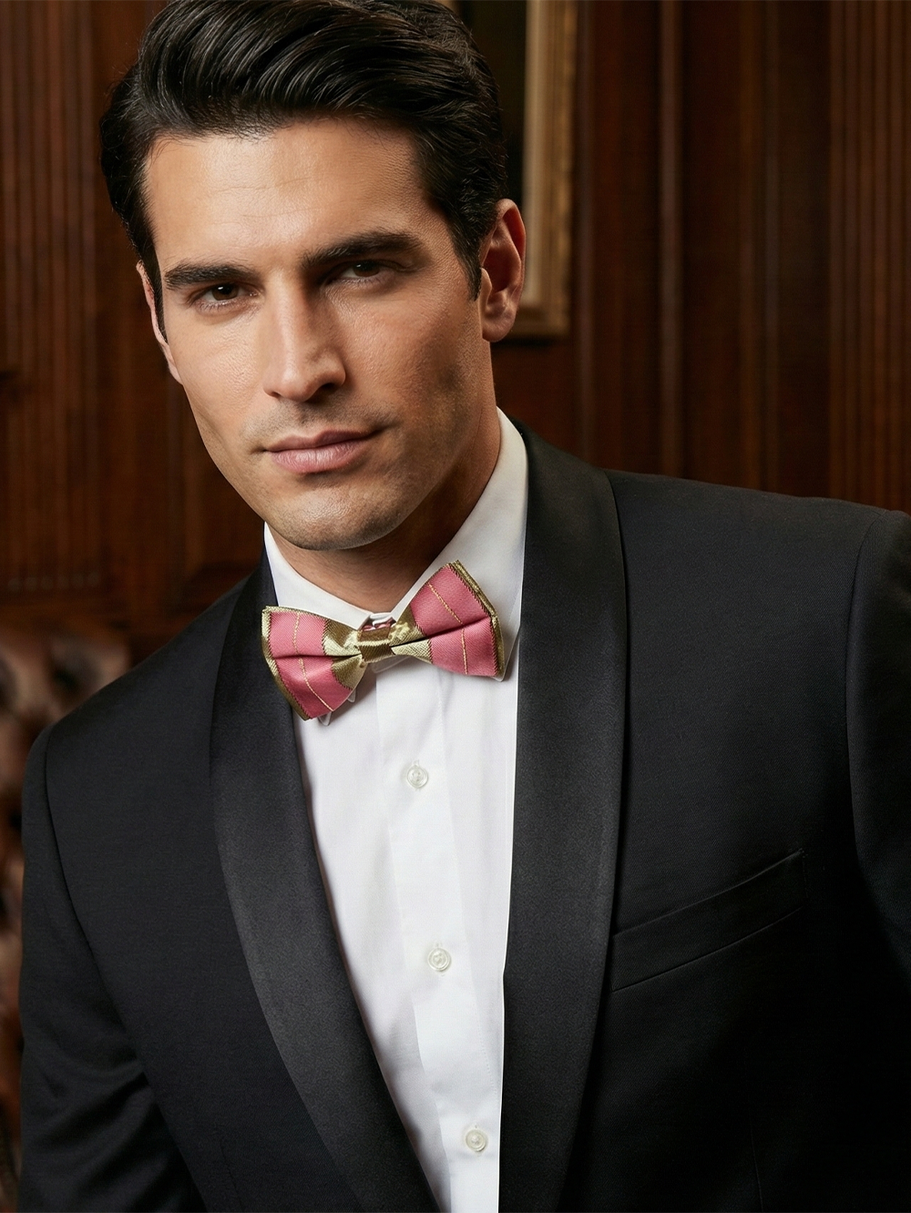 Pink & Gold Satin Striped Bow Tie ? Stylish Formal Accessory