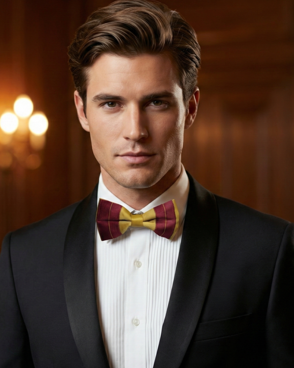 Burgundy & Gold Striped Satin Bow Tie ? Classic Formal Accessory