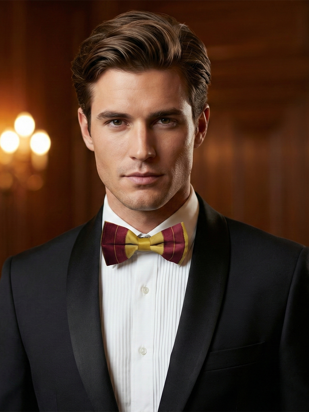 Burgundy & Gold Striped Satin Bow Tie ? Classic Formal Accessory