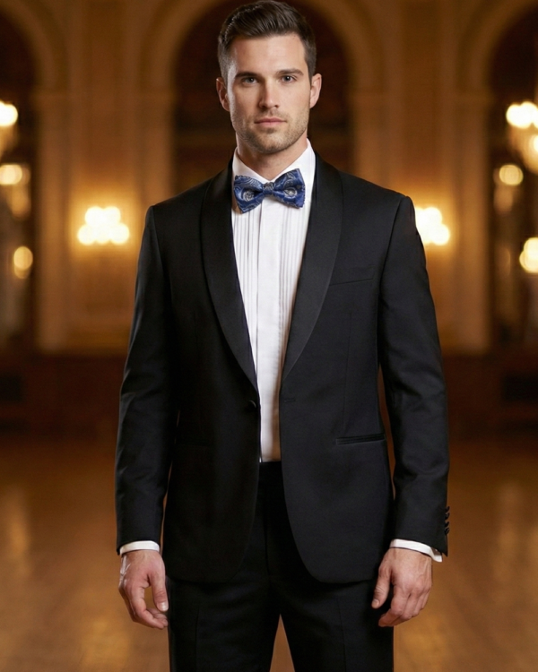 Classic Navy & Gold Paisley Bow Tie ? Elegant Formal Accessory