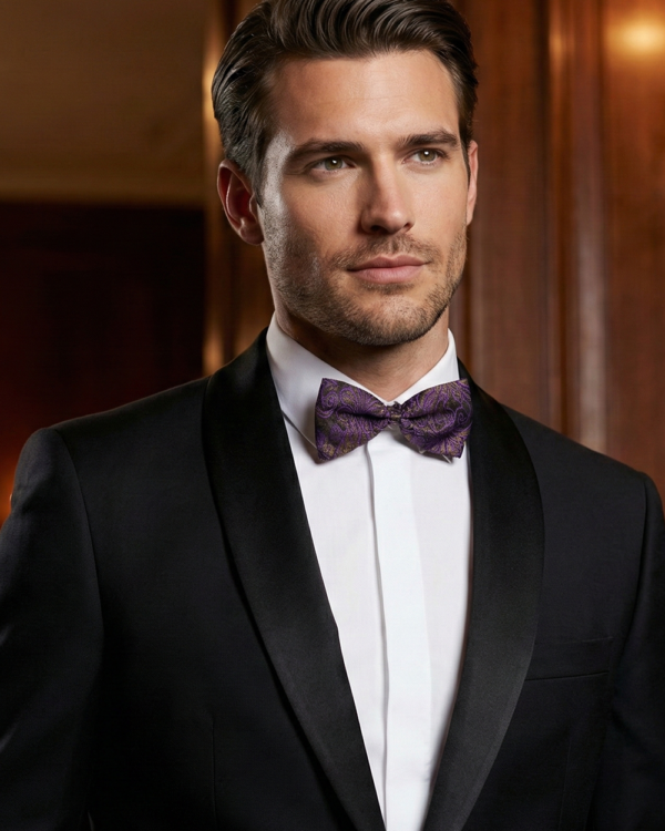 Purple & Gold Paisley Floral Bow Tie ? Elegant Formal Accessory