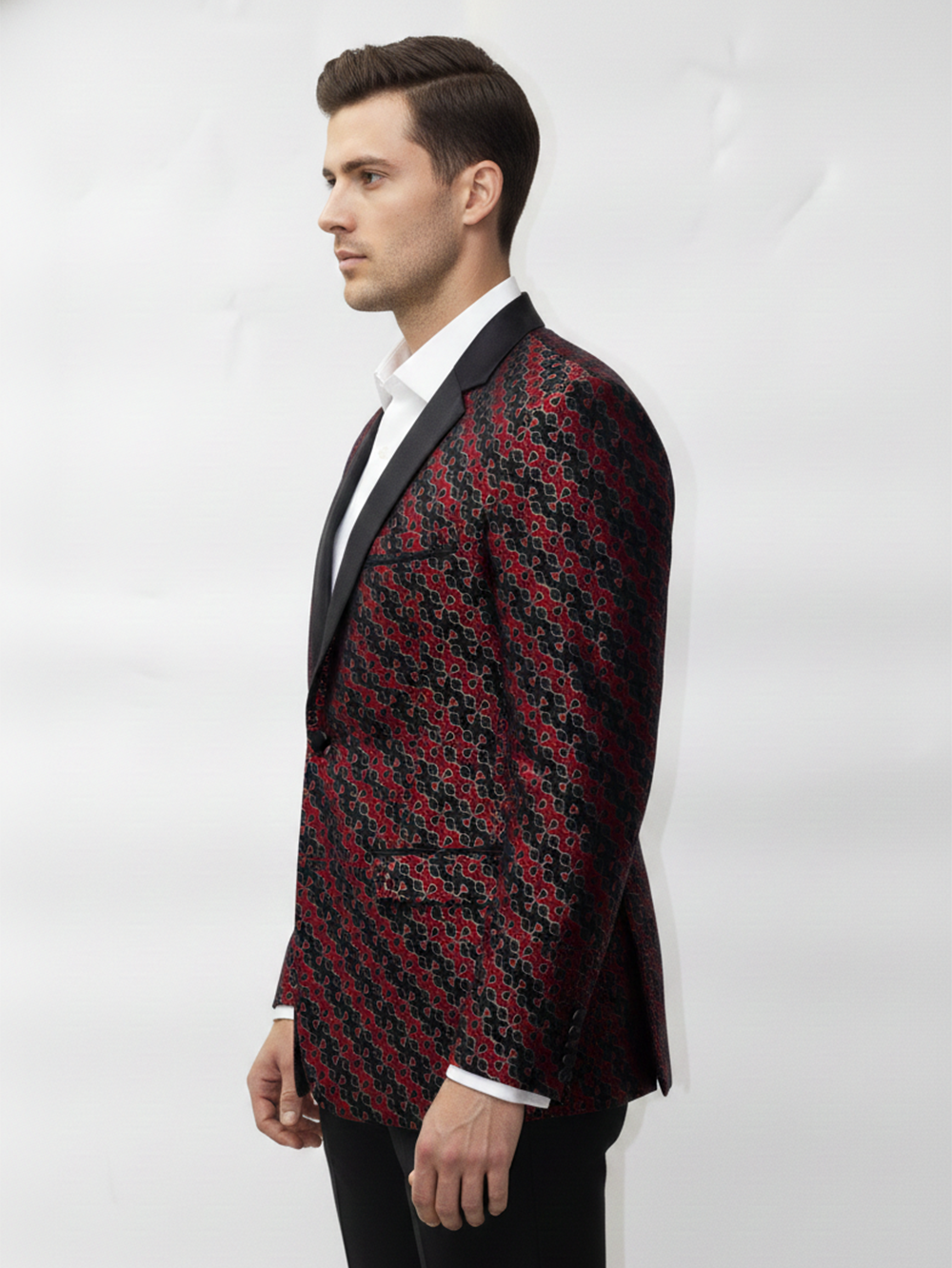 Men?s Luxury Jacquard Pattern Tuxedo Blazer ? Red & Black Statement Jacket - Image 3