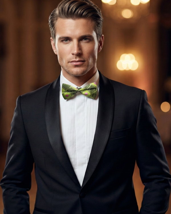 Green & Pink Geometric Jacquard Bow Tie ? Bold Patterned Formal Wear