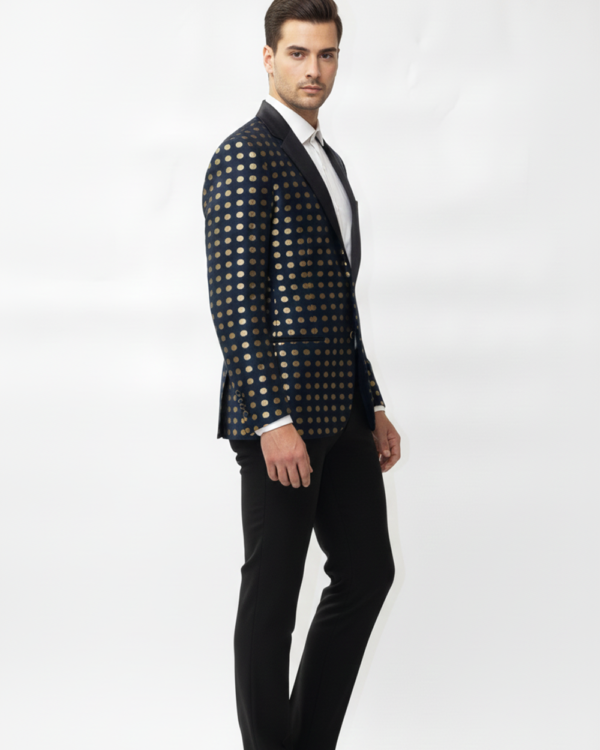 Men?s Luxury Polka Jacquard Tuxedo Blazer ? Black & Gold Evening Jacket