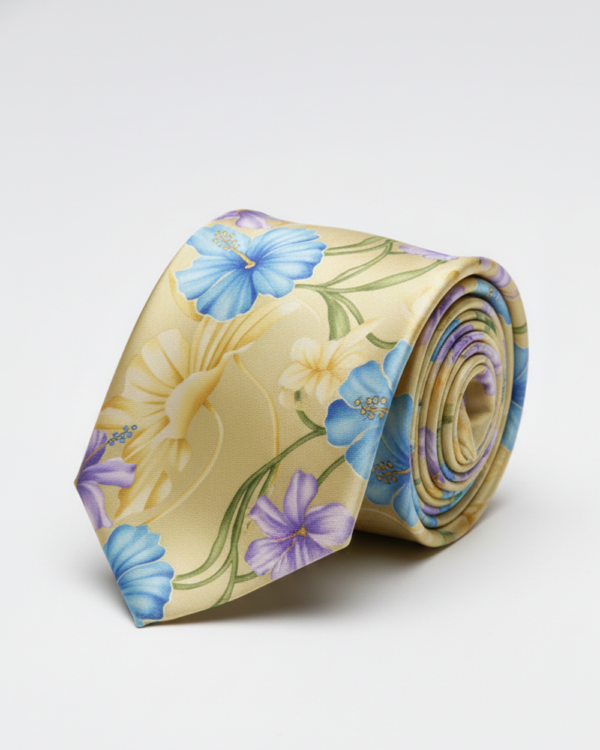 Luxury Golden Floral Printed Silk Tie for Men ? Elegant Designer Necktie