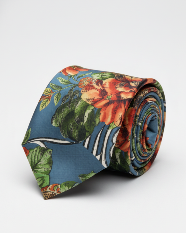 Designer Floral Printed Silk Tie for Men ? Blue Statement Necktie