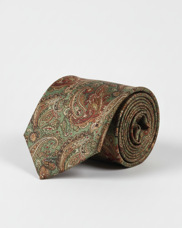 Elegant Green Silk Necktie with Golden & Red Detailing