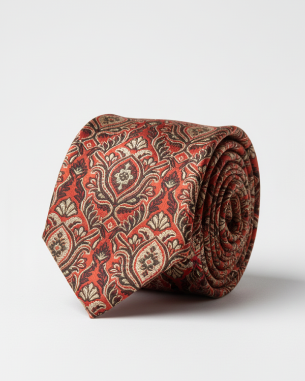 Luxury Red Silk Necktie with Black & Golden Woven Work