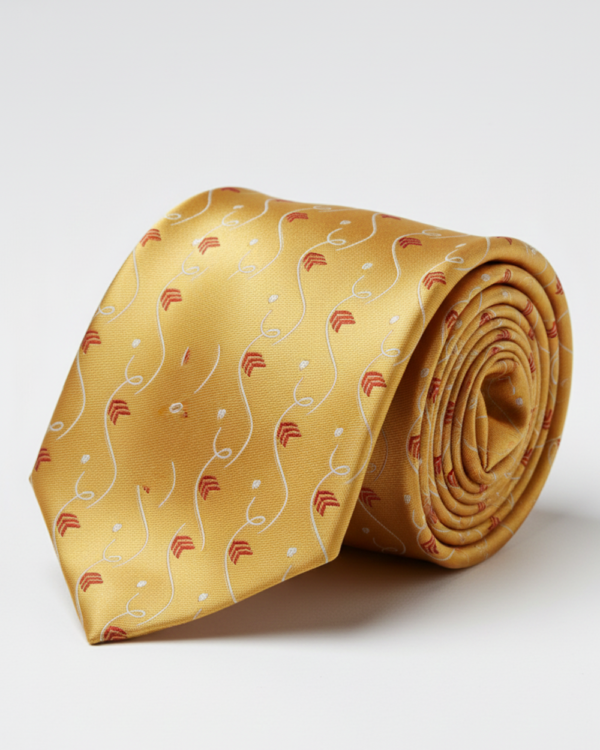 Luxury Golden Silk Tie with Red & White Print ? Designer Formal Necktie